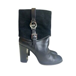 MICHAEL KORS BLACK LEATHER AND SUEDE 10 Fulton Harness ANKLE BOOTIE Boots